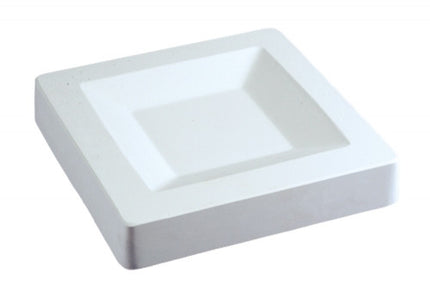 This mold actually has a total size of 10 1/4" square, with the inner slump an 8" square. The inner bottom flat is approximately 4 5/8" square with a depth of 5/8". You can trim the clay to the 8" square, or add a "lip" to your dish and trim at the 10 1/4" square. Allow clay slab to dry in the mold before removing from mold and firing.